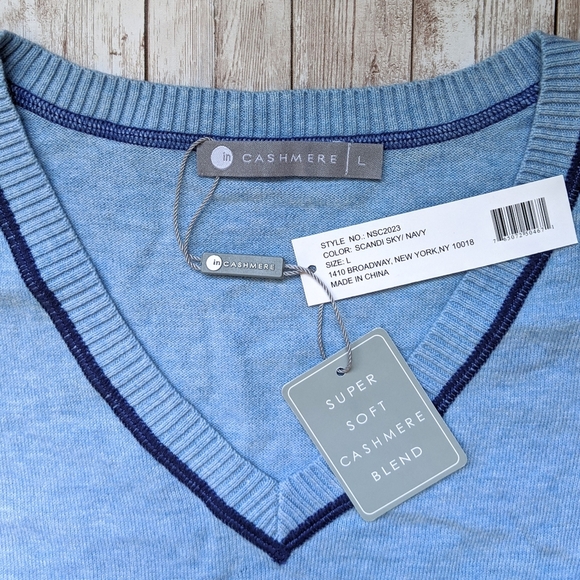 InCashmere Cashmere Blend V-Neck 3/4 Sleeve Sweater, Blue & Navy L NWT - Picture 2 of 5